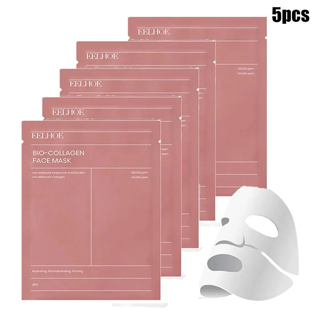 Five bio-collagen face mask packages with a white mask on a white background